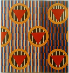 Rote Dreiecke in Kreisen. Entwurf eines Bezugsstoffs für Möbel