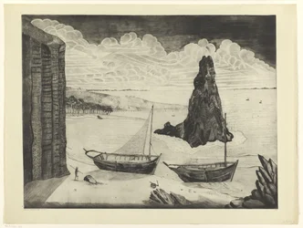 Zwei vertäute Schiffe an einem Strand; Der Felsen (Originaltitel)