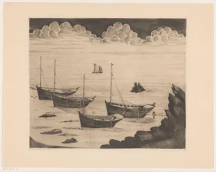 Vier vertäute Schiffe an einem bretonischen Strand; Nach dem Sturm (Originaltitel)