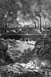 Zeichnung von Leon Benett, aus dem Buch von Jules Verne „Die 500 Millionen der Begum“ - Ausgabe Hetzel/Außergewöhnliche Reisen 1879. Ansicht der „Stahlstadt“, gigantisches Fabrikensemble (Hochöfen - Stahlgießereien)