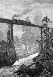 Zeichnung von Leon Benett, aus dem Buch von Jules Verne „Die 500 Millionen der Begum“ - Ausgabe Hetzel/Außergewöhnliche Reisen 1879. Dampflok überquert eine kühne Brücke in einer Berglandschaft mit Wildbach