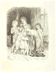 Eine Mutter, die kniend eine Gruppe Kinder um sich versammelt