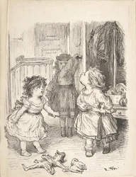 Drei kleine Mädchen in einem Raum streiten und spucken, 1835-1903