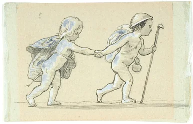 Vignette mit gehendem Jungen und Mädchen, die sich an den Händen halten