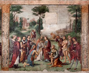 Leben der Hl. Cäcilia: Die Heilige gibt ihre Besitztümer den Armen (Fresko)