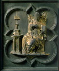 Nordtor (genannt Kreuztor, nach Norden), Außendetail: Augustinus. Bronzeskulptur von Lorenzo Ghiberti