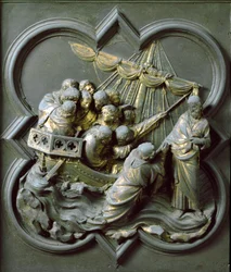 Nordtor (genannt Kreuztor, im Norden), Außendetail: Christus geht auf dem Wasser. Bronzeskulptur von Lorenzo Ghiberti