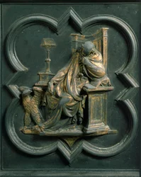 Nordtor (genannt Kreuztor, im Norden), Außendetail: Heiliger Johannes Evangelist. Bronzeskulptur von Lorenzo Ghiberti