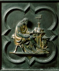 Nordtor (genannt Kreuztor, nach Norden), Außendetail: Evangelist Lukas. Bronzeskulptur von Lorenzo Ghiberti