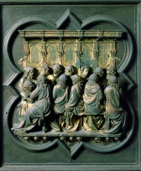 Nordtor (genannt Kreuztor, im Norden), Außendetail: Das letzte Abendmahl. Bronzeskulptur von Lorenzo Ghiberti