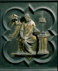 Nordtor (genannt Kreuztor, nach Norden), Außendetail: Heiliger Matthäus. Bronzeskulptur von Lorenzo Ghiberti