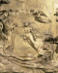Die Geschichte von Adam, Detail der Erschaffung von Eva, von einem der Originaltafeln der Osttüren des Baptisteriums, 1425-52 (nach Restaurierung)