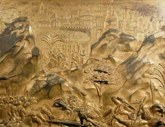 Die Geschichte von David und Goliath, Hintergrunddetail von der Originaltafel von den Osttüren des Baptisteriums