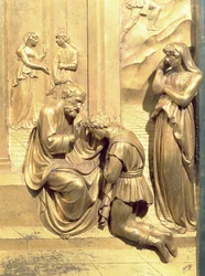 Die Geschichte von Jakob und Esau, Detail von Isaak segnet Jakob, von der Originaltafel der Osttüren des Baptisteriums, 1425-52 (nach Restaurierung)