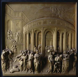 Die Geschichte von Joseph: Joseph wird in die Sklaverei verkauft, Das Finden des Silberbechers und Joseph wird von seinen Brüdern erkannt, eines von zehn Reliefpanelen von den Toren des Paradieses