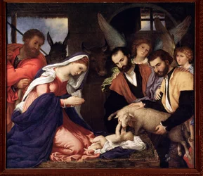 Anbetung der Hirten. Das Jesuskind spielt mit einem Schaf