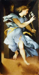 Verkündigungsengel, circa 1525, von Lorenzo Lotto (1480 ca- 1556), Öl auf Holz, 82x42 cm