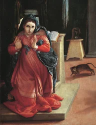 Die Verkündigung (Detail) Gemälde von Lorenzo Lotto (1480-1556) 1535 Pinacoteca Civica, Recanati, Italien