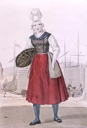 Traditionelle Tracht einer Fischverkäuferin aus Dieppe, graviert von Gatine um 1820