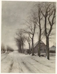 Winterlandschaft mit Bauernhof an einer Allee