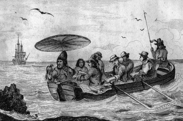 So verließ ich meine Insel, Gravur nach einer Zeichnung von M. de Sainson für das Buch von Daniel Defoe „Robinson Crusoe“, französische Ausgabe von 1837.