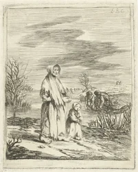 Bettlerin mit Kind an einem Graben