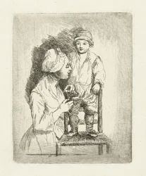 Eine Mutter näht einen Knopf an die Hose ihres Sohnes