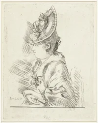 Porträt einer jungen Dame mit Hut im Profil nach links