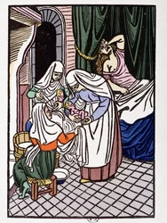 Frau bei der Geburt - in „Die Lieben von Frene und Galeran erzählt nach Jean Renard, Ende des 12. Jahrhunderts, adaptiert von André Mary“, illustriert mit Holzschnitten von Louis Bouquet, ed. Jonquières, Paris
