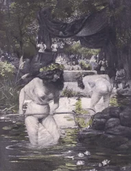 Ginerva und Isotta, Illustration aus Decameron von Boccaccio, veröffentlicht von Navarre Society 1930er Jahre (Lithographie)