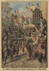 Serbische Zivilisten begrüßen begeistert die Ankunft französischer Truppen, Erster Weltkrieg