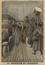 Der Fahrer des österreichischen Generals Skarbonovitch liefert den General und seine Frau aus Rache für wiederholte Schläge in die Gefangenschaft der Russen, Erster Weltkrieg