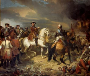 Die Schlacht von Lawfeld gewonnen vom Marschall von Sachsen am 27.07.1747 Die französische Armee von König Ludwig XV. siegte über die Briten des Herzogs von Cumberland. Gemälde von Louis Charles Auguste Couder (1789-1873) 1836