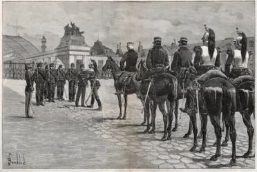 Degradierung von Alfred Dreyfus - Dreyfus-Affäre: Die Degradierung von Alfred Dreyfus im Hof der Militärschule Paris, 5. Januar 1895. Gravur in „Le monde illustré“ von 1895 - Zeichnung von Bombled.