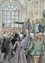 Französische Revolution: Der Abgeordnete Jean Sylvain Bailly (1736-1793) wurde am 15.07.1789 in Anwesenheit von La Fayette zum Bürgermeister von Paris gewählt (Illustration)