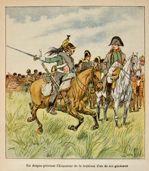 Illustration von Graf Emmanuel de Las Cases: Ein Drache warnt den Kaiser vor dem Verrat eines seiner Generäle in der Schlacht von Waterloo im Juni 1815