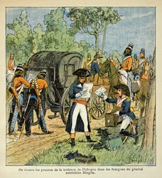Illustration von Louis Bombled (1862-1927) aus dem Buch „Das Memorial von St. Helena“ von Graf Emmanuel de Las Cases (1766-1842): Während des Rheinübergangs entdeckt Moreau die Korrespondenz zwischen Pichegru und dem Prinzen von Condé
