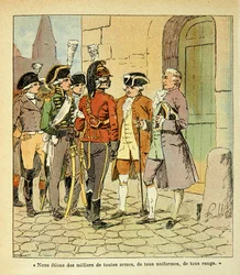 Illustration von Louis Bombled aus dem Buch „Das Memorial von Saint Helena“ von Graf Emmanuel de Las Cases: Emigranten nach Koblenz während der Revolution
