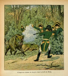Illustration aus dem Buch „The Memorial of Saint Helene“ von Graf Emmanuel de Las Cases: Der Kaiser Napoleon jagt den Eber im Wald von Marly