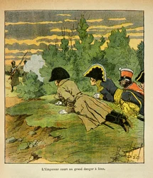 Illustration von Louis Bombled (1862-1927) aus dem Buch „Das Memorial von Saint Helena“ von Graf Emmanuel de Las Cases (1766-1842): Am Vorabend der Schlacht von Jena wirft sich Kaiser Napoleon nach der Erkennung der feindlichen Linien flach hin, als ein fr