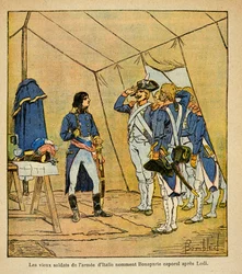 Illustration von Louis Bombled aus dem Buch „Das Memorial von Saint Helene“ von Graf Emmanuel de Las Cases: Die alten Soldaten der italienischen Armee ernannten Bonaparte nach der Schlacht von Lodi 1796 zum Korporal