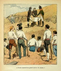 Illustration von Louis Bombled aus dem Buch „Das Memorial von Sainte Helene“ von Graf Emmanuel de Las Cases: Napoleon leitete große Bauprojekte in Frankreich während seiner Herrschaft