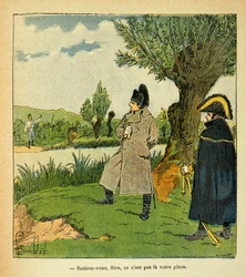 Illustration von Louis Bombled aus dem Buch „Das Memorial von St. Helene“ von Graf Emmanuel de Las Cases: Auf der Insel Laubo während der Schlacht von Esling, Napoleon riskiert, ein österreichischer Offizier ruft den Kaiser auf