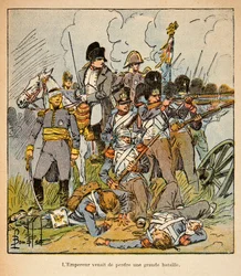 Illustration aus dem Buch „The Memorial of St. Helene“ von Graf Emmanuel de Las Cases: Der Kaiser Napoleon in der Schlacht von Waterloo im Jahr 1815