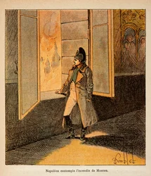 Illustration aus dem Buch „Das Memorial von St. Helene“ von Graf Emmanuel de Las Cases: Kaiser Napoleon betrachtet das Feuer von Moskau im September 1812