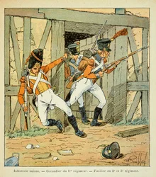 Illustration von Louis Bombled aus dem Buch „Das Memorial von Saint Helene“ von Graf Emmanuel de Las Cases: Schweizer Infanterie: Grenadier des 1. Regiments und Füsilier des 2., 3. und 3. Regiments, Private Sammlung