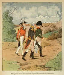 Illustration von Louis Bombled aus dem Buch „Das Memorial von Saint Helene“ von Graf Emmanuel de Las Cases: Gespräch zwischen Napoleon, Gouverneur Hudson Lowe und dem englischen Admiral Cockburn im August 1816 in St. Helene, Private Sammlung