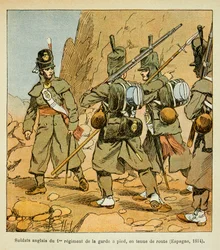 Illustration von Louis Bombled (1862-1927) aus dem Buch „Das Memorial von St. Helena“ von Graf Emmanuel de Las Cases (1766-1842): Englische Soldaten des 1. Regiments der Garde in einem Rastplatz (Spanien 1814)