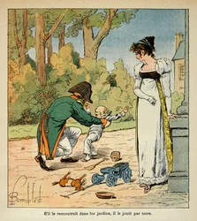 Illustration von Louis Bombled (1862-1927) aus dem Buch „Das Memorial von St. Helena“ von Graf Emmanuel de Las Cases (1766-1842): Napoleon spielt mit seinem Sohn in Anwesenheit von Marie Louise