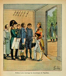 Illustration aus dem Buch „The Memorial of Saint Helene“ von Graf Emmanuel de Las Cases: Gouverneur Hudson Lowe befragt die Diener von Kaiser Napoleon
